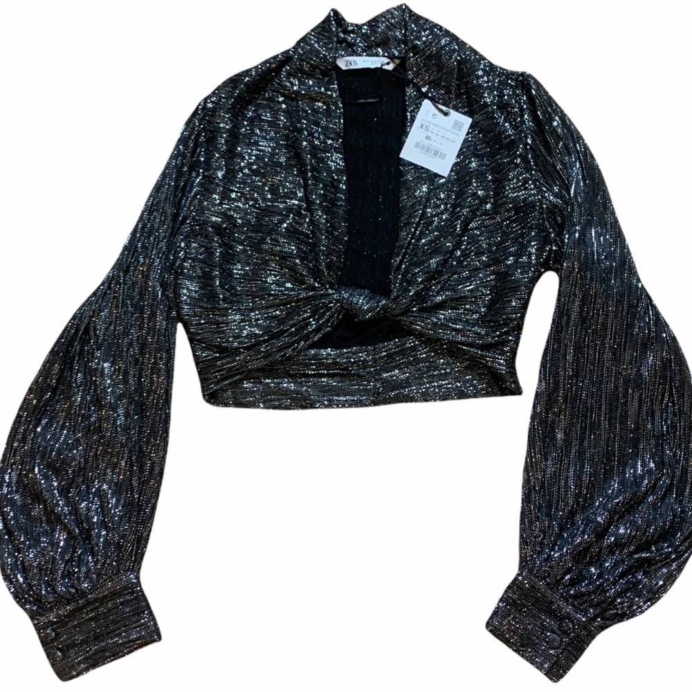 Zara black metallic long sleeve crop top XS nwt - Picture 9 of 11